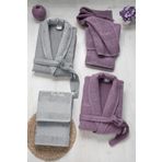 Pierre Cardin %100 Pamuklu Desenli Mürdüm&Gri 2 Bornoz&2 Yüz Havlusu&2 Banyo Havlusu 6'lı Bornoz Seti